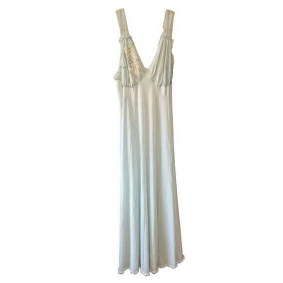 Gotham Vintage Light Blue Frill Ruffle Trim Lace Maxi Nightgown Slip Satin Dress - Picture 1 of 8